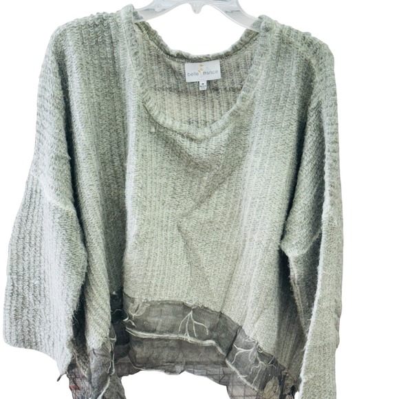 belle france Sweaters - Belle France Women's Sz M Sage Knit Sweater Oversized Boho Grunge Distressed Hem
